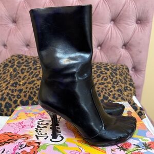Jeffrey Campbell Black Leather Split-Toe Mid-Calf Stiletto Boots